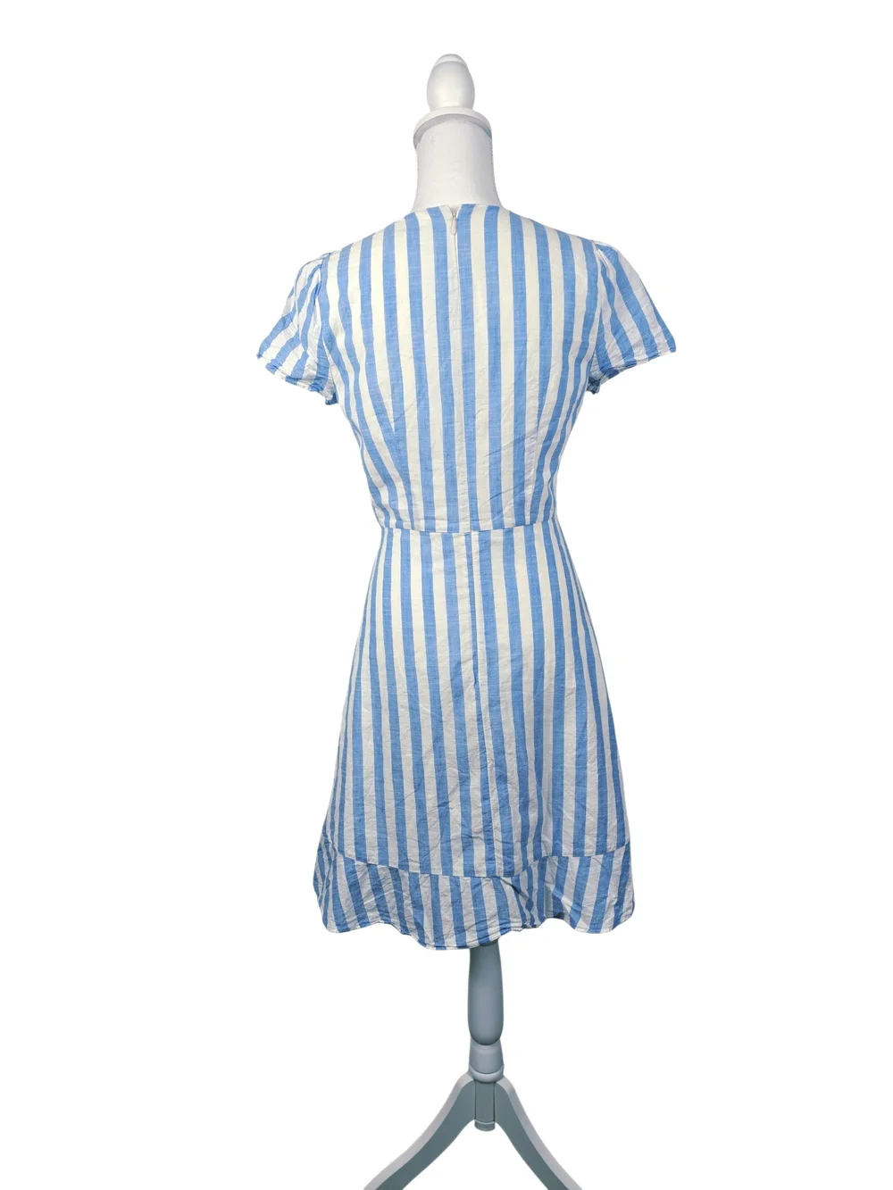 J. Crew Blue and White Striped Short Sleeve Faux Wrap Dress